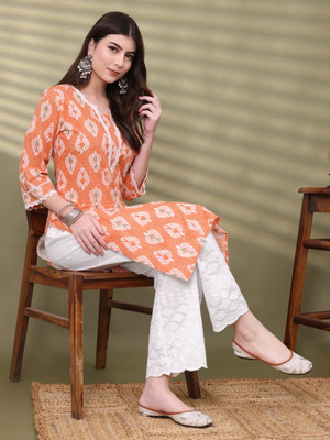SINGNI Women Printed Straight Kurta(Orange)