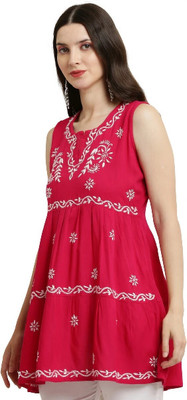 FAWOMENT Women Chikan Embroidery Ethnic Dress Kurta(Blue)