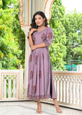INDI INSIDE Women Block Print A-line Kurta(Grey)