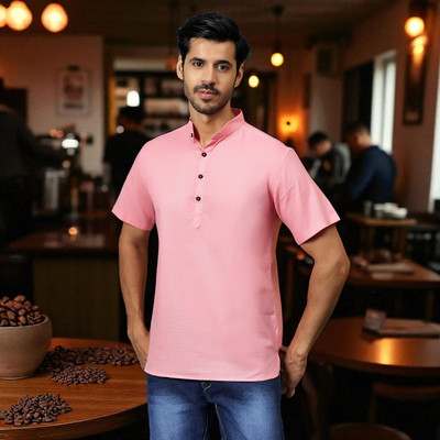 FireFish Men Solid A-line Kurta(Pink)