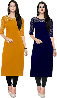 HIALTO Women Solid Straight Kurta(Yellow, Blue)