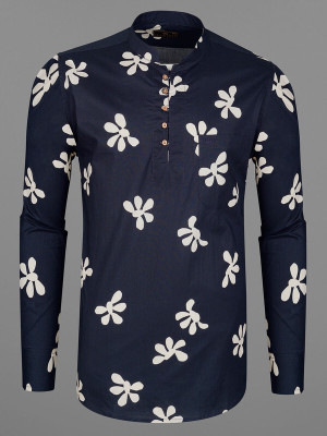 french crown Men Printed Straight Kurta(Dark Blue, White)