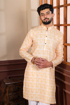 Koshin Men Printed Straight Kurta(Yellow)