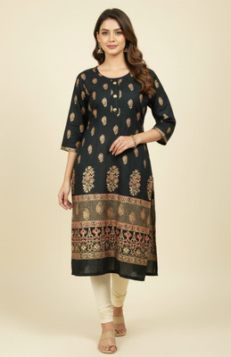Maa Kabita Garment Stores Women Printed, Floral Print, Woven Design Straight Kurta(Black)