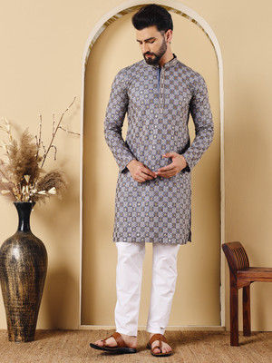 CHIRASVI Men Embroidered Straight Kurta(Grey)