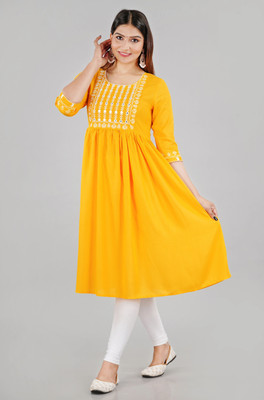 queen Consort Women Embroidered Anarkali Kurta(Yellow)