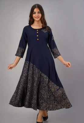 KS FASHION Women Block Print Anarkali Kurta(Dark Blue)