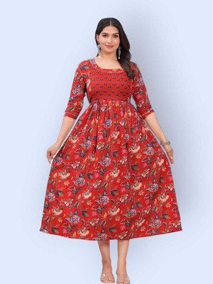 Goraalaxmi Women Printed Anarkali Kurta(Red)