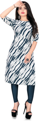 YATKSH Women Printed Straight Kurta(White, Dark Blue)