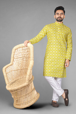 DHASU TRENDZ Men Printed Straight Kurta(Yellow)