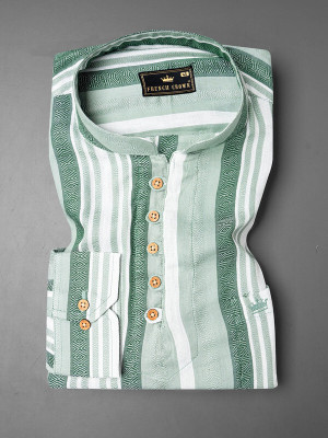 french crown Men Striped Straight Kurta(Green)