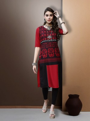 EthnicBasket Women Printed Straight Kurta(Red, Black)