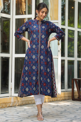 Juniper Women Printed A-line Kurta(Blue)