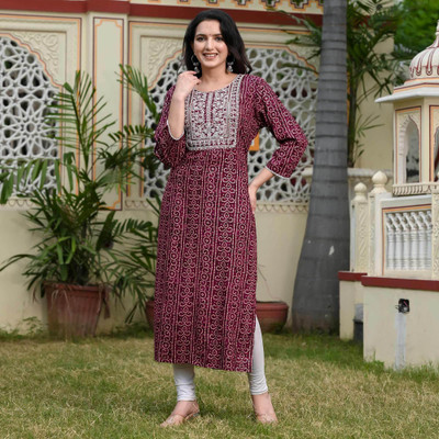 YANDZONE Women Printed Straight Kurta(Brown)