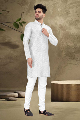 Vajira Fashion Men Self Design Straight Kurta(White)