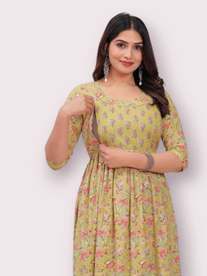 Gora Laxmi Women Applique Anarkali Kurta(Yellow)