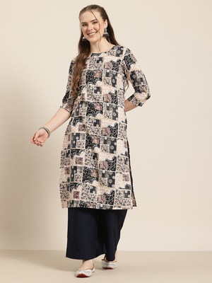 HERE&NOW Women Floral Print Straight Kurta(Beige)