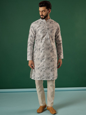 ANOUK Men Abstract Straight Kurta(Grey)