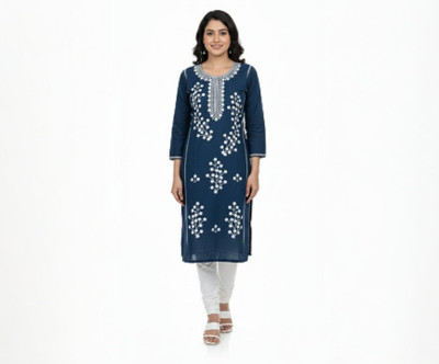 TRENOVA Women Embroidered Straight Kurta(Dark Blue)