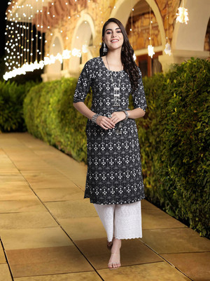 1 Stop Fashion Women Printed A-line Kurta(Black)