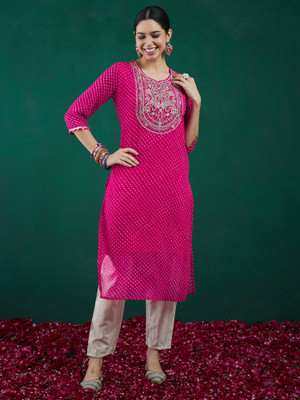 Indo Era Women Printed Straight Kurta(Pink)