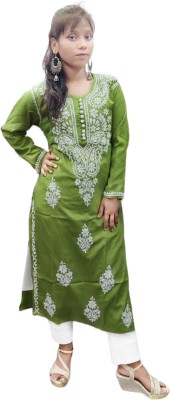 Shadab Chikan Women Chikan Embroidery Straight Kurta(Green)