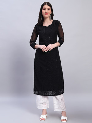 HouseOfCommon Women Chikan Embroidery A-line Kurta(Black)