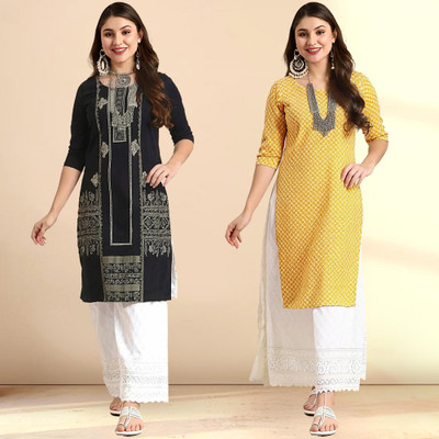 1 Stop Fashion Women Printed A-line Kurta(Black, Yellow)