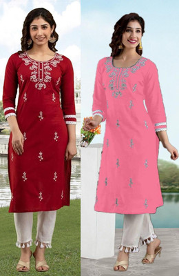 vikshi Women Chikan Embroidery Straight Kurta(Multicolor)