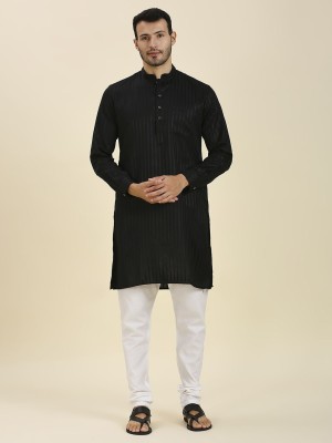 Rajubhai Hargovindas Men Striped Straight Kurta(Black)