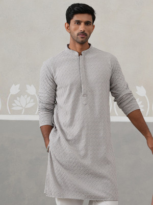 Jompers Men Embroidered Straight Kurta(Grey)