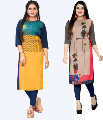maruti fab Women Printed Straight Kurta(Dark Blue, Blue, Pink, Beige, Grey, Yellow)