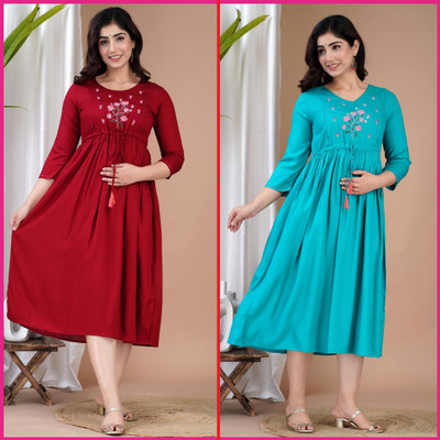 mayraa Women Printed Anarkali Kurta(Red, Blue)