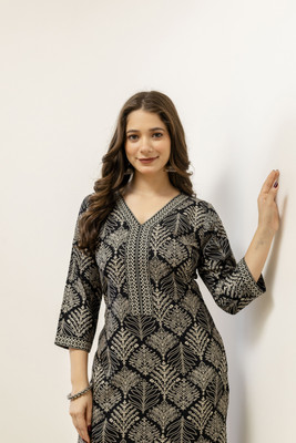 AOMORI Women Printed Straight Kurta(Black)