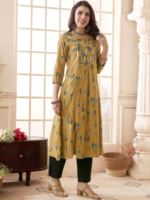 ANOUK Women Printed A-line Kurta(Yellow)