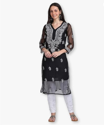 XENERIC Women Chikan Embroidery A-line Kurta(Black)