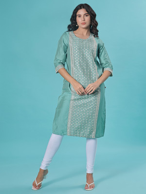 V-MART Women Embroidered A-line Kurta(Green)