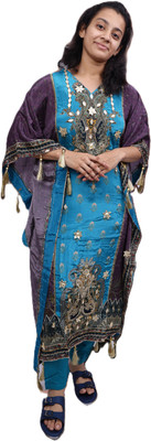 PickCell Women Embroidered, Woven Design Kaftan Kurta(Blue)