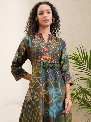 Vishudh Women Printed A-line Kurta(Green)