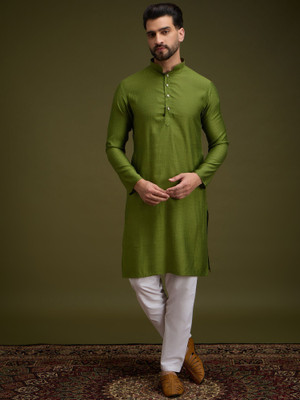 ANOUK Men Geometric Print Straight Kurta(Green)