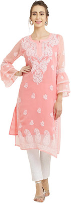 FAWOMENT Women Chikan Embroidery Straight Kurta(Pink)