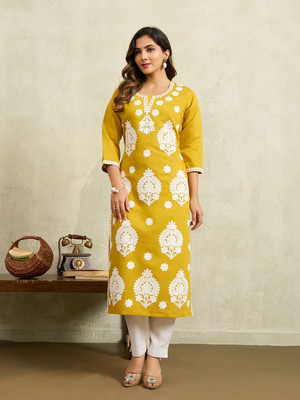 Lusiva Women Embroidered Straight Kurta(Yellow)