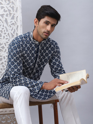 Jompers Men Printed Straight Kurta(Blue)