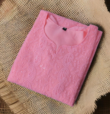 MOZILO Women Chikan Embroidery A-line Kurta(Pink)