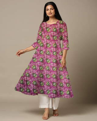 World of Mystery Women Floral Print Anarkali Kurta(Purple)