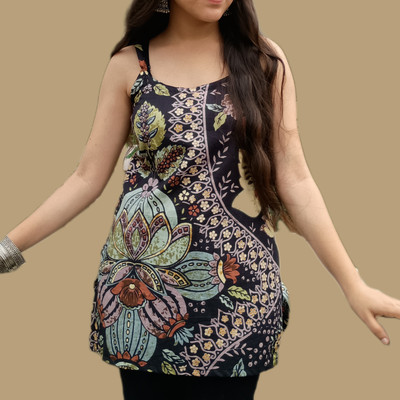 KALAN sewingstop Women Floral Print Straight Kurta(Black)