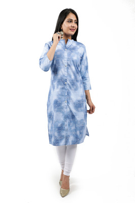 Lihimisu Women Printed Straight Kurta(Light Blue, White)