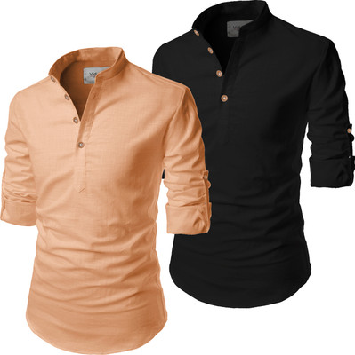HouseOfCommon Men Solid Pathani Kurta(Black, Orange)