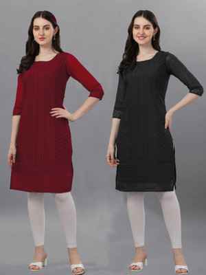 ZAZADIYA ENTERPRISE Women Chikan Embroidery Straight Kurta(Maroon, Black)