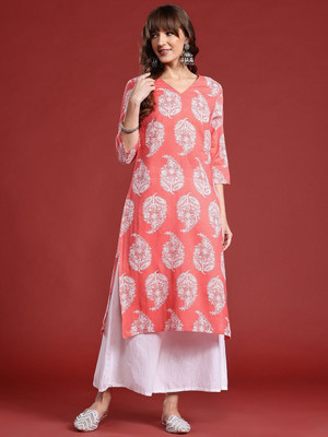 ANOUK Women Printed Straight Kurta(Pink, White)